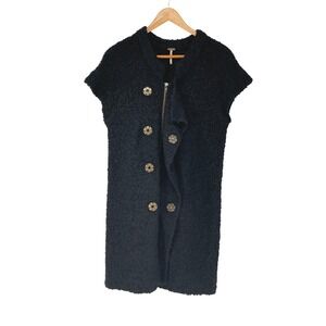 Free People Black Boucle Knit‎ Short Sleeve Vest Coat Gold Snap Button XS Cozy